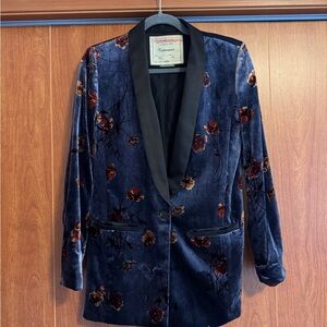 Anthropologie Blue Velvet Floral Blazer